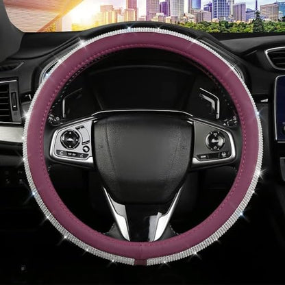 Bling Diamond Leather Steering Wheel Cover, Purple Steering Wheel Covers for Women Girls with Crystal Rhinestones, Universal Fit 14.5"-15" Car Steering Wheel Bling Cover Accessories - color: Purple
