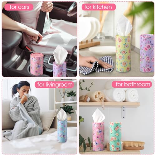 Outus 12 Pcs Spring Floral Car Tissues Cylinder Holder Flowers Round Tissue Box Cup Holder 3 Ply Facial Napkins Napkins Container for Car Home Office Dispenser Travel - style: Rose