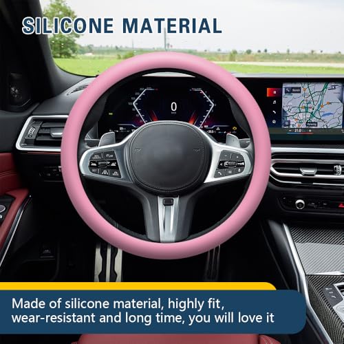 Car Steering Wheel Cover, 13 to 14.17 inches Non-Slip Silicone Steering Wheel Protector, Car Accessories Thin Soft Leather Texture Steering Wheel Protective Cover for Most Cars (Pink) - color: Pink