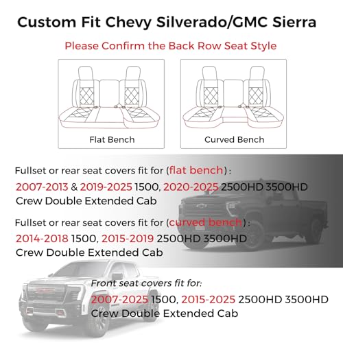 Huidasource Silverado Seat Covers Front & Rear Fit for Chevy Silverado GMC Sierra Pickup 1500 2014-2018, 2500HD 3500HD 2015-2019 Crew Double Extended Cab Leather Seat Cushion Cover (Full Set/Black) - color: Black, size: Full Set 2014-2018 (Curved Bench)