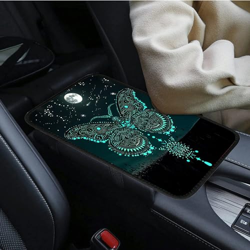 Universal Auto Center Console Pad and 2Pcs Car Coasters Set, Anti Slip Soft Neoprene Car Armrest Seat Box Cover Protector Universal Fit - Car Interior Accessories, Green Butterfly - color: 498