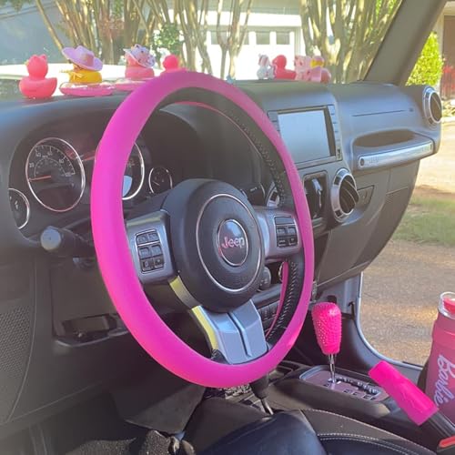Modengzhe Steering Wheel Cover with Handbrake Cover & Gear Shift Cover,Universal Silicone Anti-Slip Design Car Accessories Interior Steering Wheel Cover Set,Pack of 3,Rose Red - color: Fuchsia