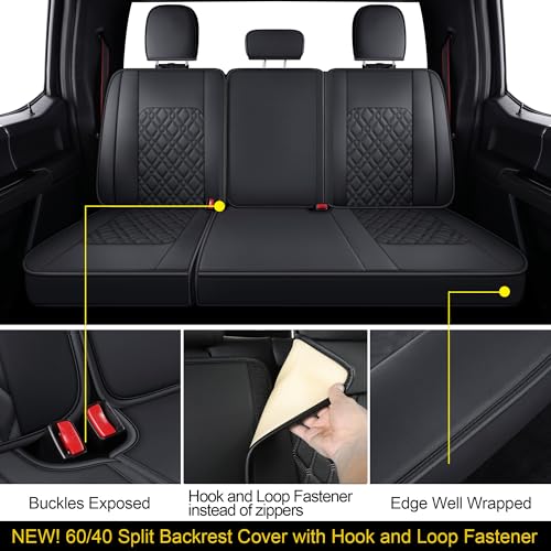 LUCKYMAN CLUB F150 Full-Set Seat Covers J03-Q3 with Waterproof Faux Leather, Fit 2015-2026 Ford F150 and 2017-2026 F250 F350 F450 (Full Set, Black) - color: Black, size: Full Set