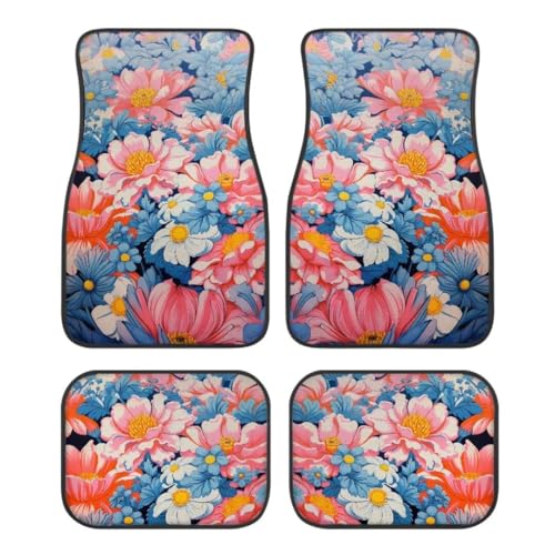 Blue Pink Flowers Print Floral Car Floor Mats Suitable for Cars SUVs Trucks,All Weather Front & Rear Automotive Floor Mats,Universal Fit Design，4 Pieces - color: Blue Pink Flowers
