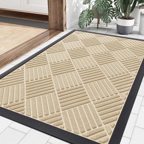 Smiry Front Door Mat Outside Entrance, Heavy Duty Outdoor Indoor Natural Rubber Doormat, Non Slip, Trap Dirt and Moisture, Easy Clean, Low Profile Patio Porch Entryway Mat, 35x23, Beige - color: Beige, size: 35" X 23"