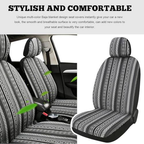 9PCS Baja Saddle Blanket Car Seat Covers, Front Set Breathable Washable Seat Covers with Seatbelt Pad, Striped Woven Cloth Airbag Compatible Seats Protector for Most Vehicles (Black White Thin) - color: Black White Thin