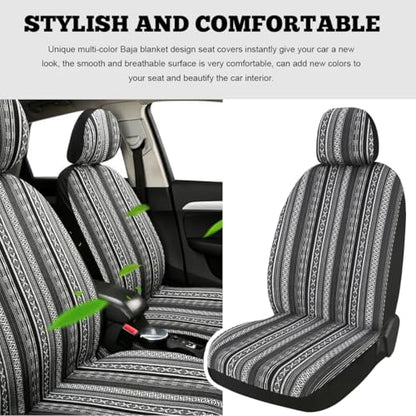 9PCS Baja Saddle Blanket Car Seat Covers, Front Set Breathable Washable Seat Covers with Seatbelt Pad, Striped Woven Cloth Airbag Compatible Seats Protector for Most Vehicles (Black White Thin) - color: Black White Thin