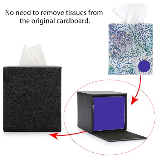 Sumnacon Tissue Box Cover Square Tissue Box Stylish PU Tissue Box Holder with Magnetic Bottom,Leather Cube Tissue Cover for Living Room Bathroom Bedroom Table Desk Home Office Car, Black - color: Black