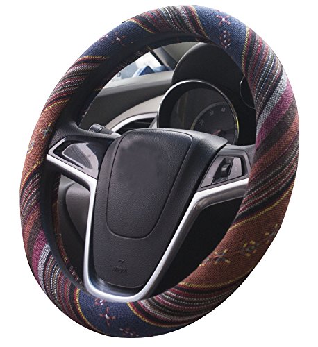 Small Ethnic Style Coarse Flax Cloth Automotive Steering Wheel Cover Anti Slip and Sweat Absorption Auto Car Wrap Cover (14''-14.25, F) - color: F, size: 14 - 14.25 inches