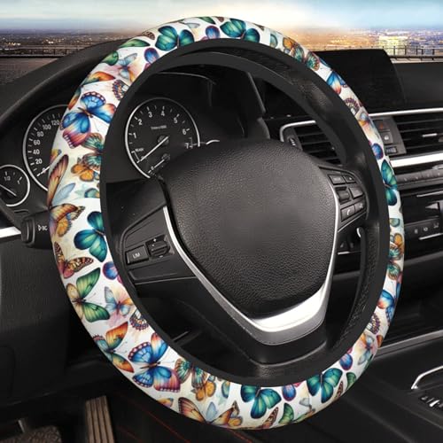 Colorful Butterfly Neoprene Steering Wheel Cover for Men Women Anti-Slip Elastic Steering Wheel Protective Cover 15in Universal Car Accessories Fit Cars, SUVs, Auto - color: Colorful Butterfly