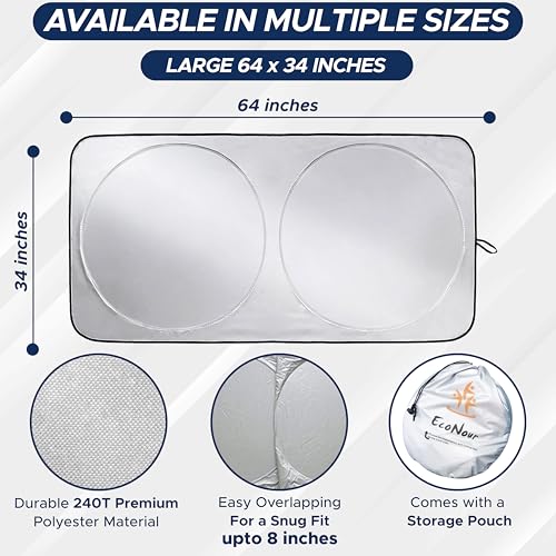 EcoNour Car Front Windshield Sun Shade for Car | SUV Accessories for Maximum Sun and Heat Protection | UV-Blocking Windshield Dash Cover & Sun Visor for Cooler Interior | Large (64 x 34 Inches)