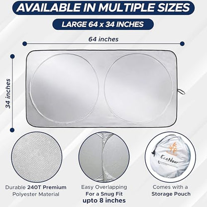 EcoNour Car Front Windshield Sun Shade for Car | SUV Accessories for Maximum Sun and Heat Protection | UV-Blocking Windshield Dash Cover & Sun Visor for Cooler Interior | Large (64 x 34 Inches)