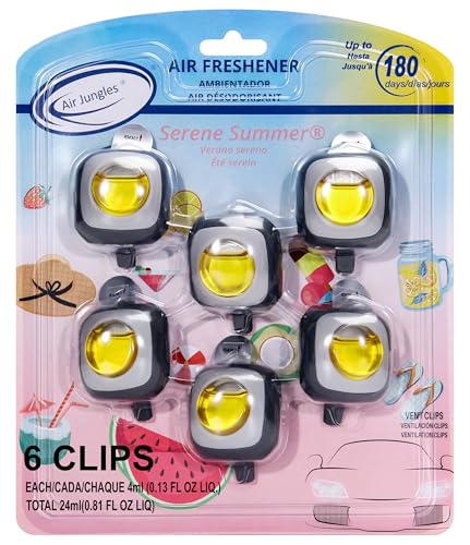 Air Jungles Serene Summer Scent Car Air Freshener Clip, 6 Vent Clips, 4ml Each, Long Lasting Air Freshener, Up to 180 Days Car Refresher Odor Eliminator - color: Serene Summer, size: 6 Count (Pack of 1)