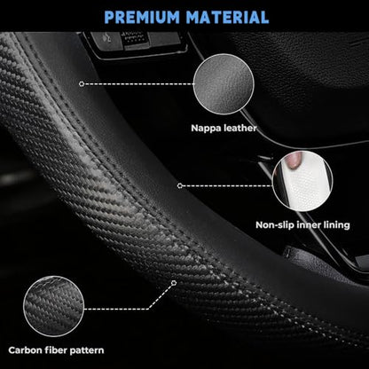 Steering Wheel Cover for Honda CRV Accord Civic HRV Pilot Odyssey Passport, Standard Size 14.5-15", Carbon Fiber Black