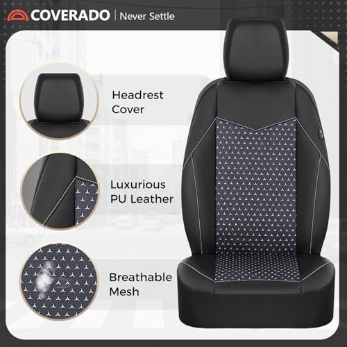 Coverado Car Seat Covers 5 Seats, PU Leather Seat Covers Fullset, Printed Breathable Mesh Design, Front and Rear Car Seat Protectors, Luxury Automotive Seat Covers Universal Fit for Most Cars, Black