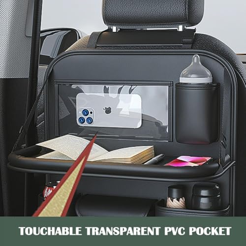 Foldable Car Backseat Organizer with Table Tray, Car Seat Back Protector with Touch Screen Phone Holder, Premium Leather Kick Mats with Storage Pockets Tissue Holder (Black)
