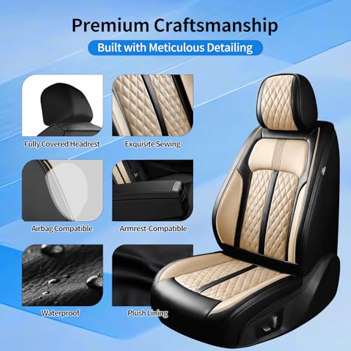 Fit Land Rover Range Rover Sport Car Seat Covers (Front Pair) for Land Rover Range Rover Sport 2005-2026, Full Coverage Leather, Waterproof, All Weather Breathable Seat Protector, Black+Beige