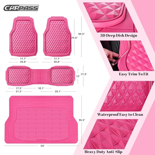 CAR PASS Heavy Duty Rubber Hot Pink Car Floor Mats & Cargo Liners, Deep Dish All-Weather Trunk Mats Durable Anti-Slip 3D Rhombus Waterproof Trim to Fit Liner Universal Fit Auto,Sedan,SUV,Truck, Pink - color: hot pink with cargo liner