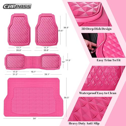 CAR PASS Heavy Duty Rubber Hot Pink Car Floor Mats & Cargo Liners, Deep Dish All-Weather Trunk Mats Durable Anti-Slip 3D Rhombus Waterproof Trim to Fit Liner Universal Fit Auto,Sedan,SUV,Truck, Pink - color: hot pink with cargo liner