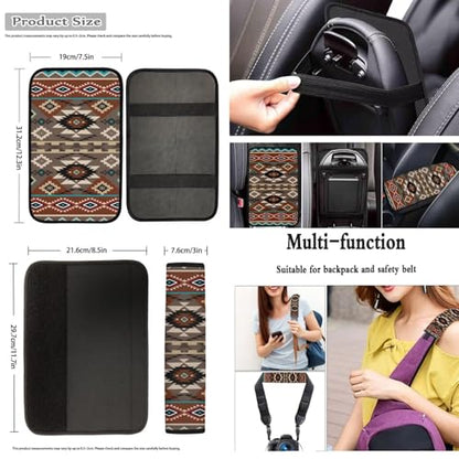Dreaweet Geometric Aztec Car Seat Covers Full Set Southwestern Native American Seat Covers with Steering Wheel Cover,Center Console Cover,Seat Belt Pads,Coasters,Gear Shift & Handbrake Cover,12 Pcs - color: Geometric Aztec
