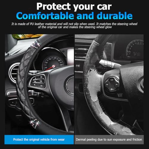 Bling Car Steering Wheel Cover, 14.5-15inch Sheepskin Crystal Rhinestones Elastic Vehicle Steering Wheel Protector, Auto Interior Accessories, Universal for SUV Sedan Truck (Black)