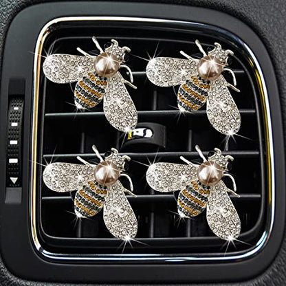 Bling Bee Air Vent Clips, 4 Pcs Crystal Car Air Fresheners Vent Clips Car Diffuser Vent Clip Rhinestone Diamond Bee Decoration Interior Decor Bling Accessories for Women (4 Pcs Bee)