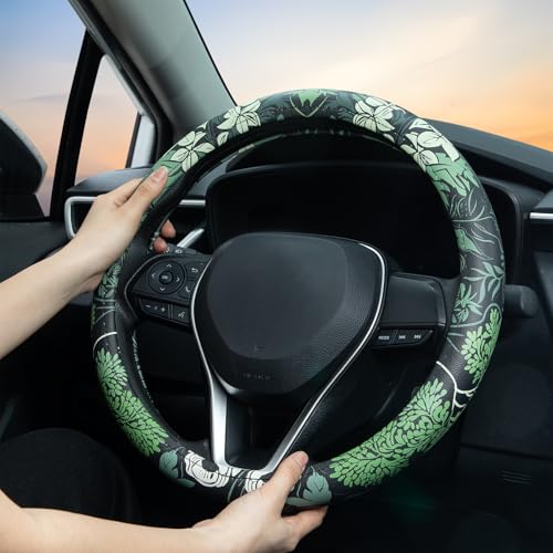 Sage Green Floral Steering Wheel Cover Auto Leather Steering Wheel Protector, Anti-Slip, Breathable, Absorbing Sweat, Universal Floral Car Accessories 14.5–15 inch,Fit for Most Car, Trucks, SUV - style: Sage Green Floral
