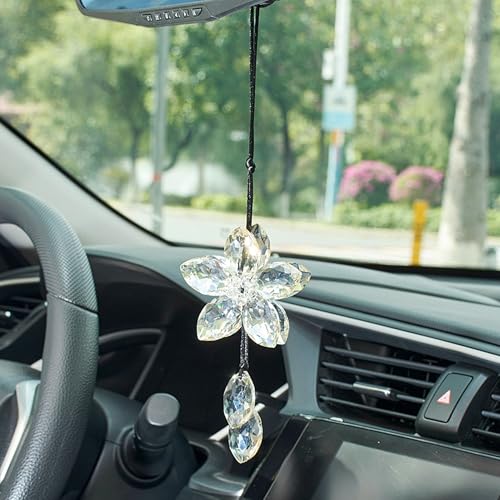 Crystal Flower Car Rear View Mirror Hanging Ornament - Sparkles with Rainbows for a Sense of Luck and Happiness Car Interior Accessories (Gray) - color: Crystal Flower - Gray