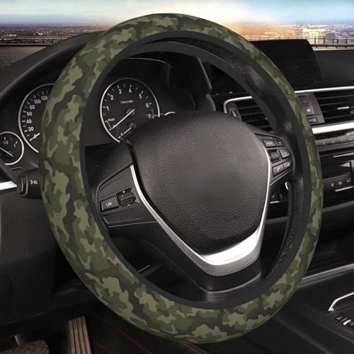 Military Camo Camouflage Black Brown Green Army Hunting Car Steering Wheel Cover,Non-Slip Elastic Neoprene-Sweat Car Accessories,Universal 15 Inch Fit Auto, Vans Trucks,Suvs, Truck - color: Military Camo Camouflage Black Brown Green