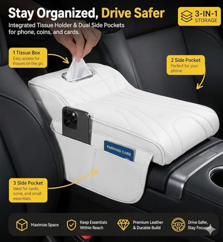 Car Center Console Cover with Tissue Box Holder, Foam Auto Armrest Cushion Pad with Side Storage Pockets, Multifunctional Waterproof PVC Leather Car Armrest Box Mat, Universal Fit, White - color: White-2
