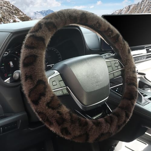 ZHOL Fuzzy Car Steering Wheel Cover,Universal Fit Fur Auto Wheel Cover,Leopard Warm Fluffy Vehicle Wheel Protector Car Accessories,Cheetah Print Steering Wheel Cover for Men Women (Brown)