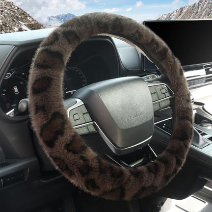 ZHOL Fuzzy Car Steering Wheel Cover,Universal Fit Fur Auto Wheel Cover,Leopard Warm Fluffy Vehicle Wheel Protector Car Accessories,Cheetah Print Steering Wheel Cover for Men Women (Brown)