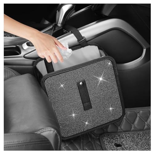 Bling Car Trash Can with Rhinestone,Foldable Car Garbage Can for in-Vehicle Waste Disposal,Multipurpose Hanging Back Seat Organizer & Decorations Fit for Most Cars Trucks - color: White