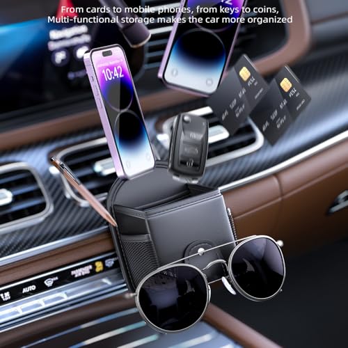 Car Air Vent Storage Bag Organizer Pocket, Sunglass Holder Car Mount Phone Holder Coin Key Card Case Organizer with Clip, Car Air Vent Phone Holder Coin Key Card Case Organizer. (Black)