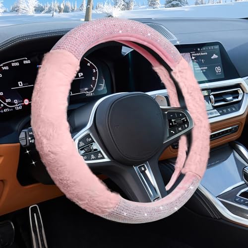 Furry Steering Wheel Cover, Plush Cute with Bling Rhinestones – Universal Stylish Soft Comfortable Warm Car Interior Accessories Protector for Women Men (Pink PU) - color: Pink PU