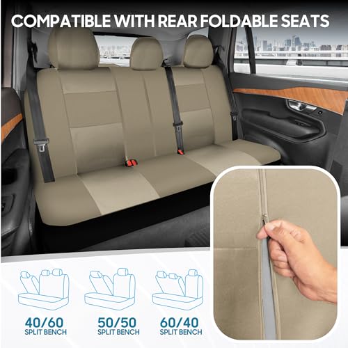 BDK OS-309-AB Tan Trim Black Car Seat Covers Full 9 Piece Set, Sleek & Stylish, Split Option Bench 5 Headrests Front & Rear Bench, Beige - color: Beige