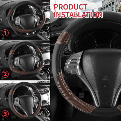Non-Slip Car Nappa Leather Steering Wheel Cover,Universal Car Accessories Women Men Fit 14" 1/2-15" Suvs/Vans/Sedans/Cars/Trucks,Brown - color: Black Brown