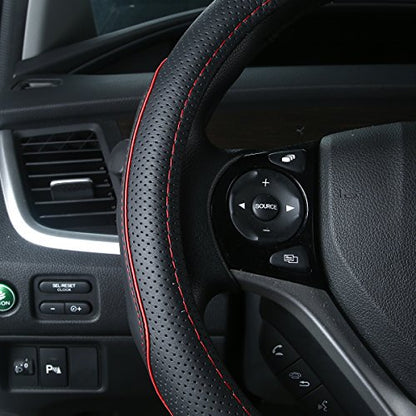 QianBao Genuine Soft Black Leather Car Steering Wheel Cover,Universal Fits 14 Inch Size, Odorless,Anti-Slip, Elegant, Excellent Grip, and Easy Install Wheel Wrap(Small（13.5-14.2）, Red/Black) - color: Red Line