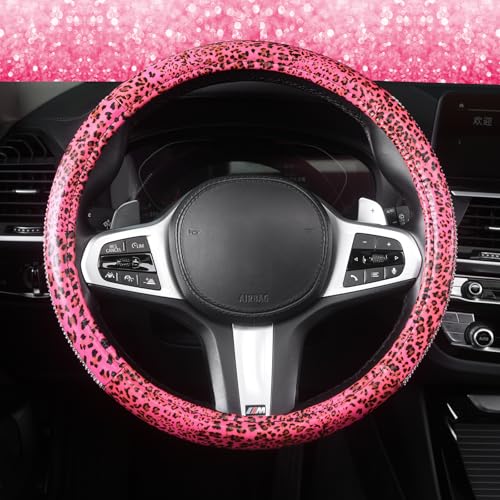 AUTOYOUTH Leopard Print Steering Wheel Cover - Bling Crystal Rhinestones Cheetah Print on PVC Leather Non-Slip Breathable Design for Women/Girls Universal Fit 14.5-15 Inch - Pink - color: PINK