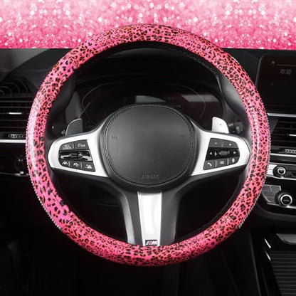 AUTOYOUTH Leopard Print Steering Wheel Cover - Bling Crystal Rhinestones Cheetah Print on PVC Leather Non-Slip Breathable Design for Women/Girls Universal Fit 14.5-15 Inch - Pink - color: PINK