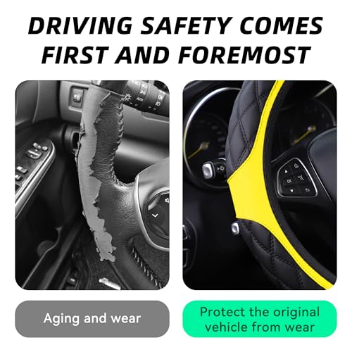 15 Inch Car Leather Steering Wheel Cover, Automotive Accessories Elastic Breathable Anti-Slip Soft Wheel Protector Fits Men and Women, Suitable for SUVs, Trucks, Vehicles and RVs (Yellow) - color: Yellow