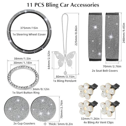 ARTILAURA 11 PCS Bling Car Accessories Set for Women Steering Wheel Covers Butterfly Hanging Seat Belt Cover Cute Air Vent Clips Coasters Glitter Diamond AUTO Interior kit (White) - color: White