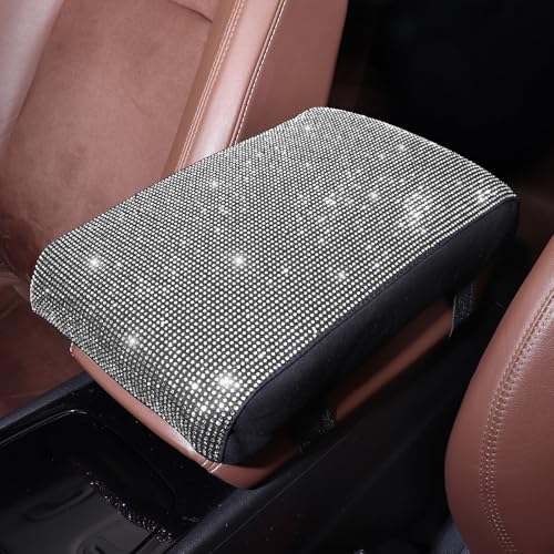 ToBeQueen Bling Car Armrest Cover with Memory Foam Cushion Pad & Rhinestones, Universal Diamond Center Console Cover for Cars, Bling Middle Console Cover, Bling Car Accessories for Women, White - color: Silver