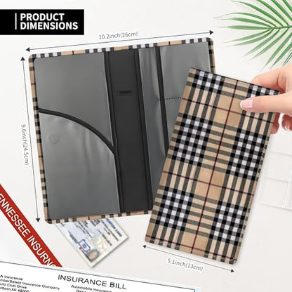 Leather Car Registration and Insurance Card Holder, Cute Car Accessories Vehicle Glove Box Car Organizer for Documents, Cards, License Luxury Brown Plaid - color: Luxury Brown Plaid