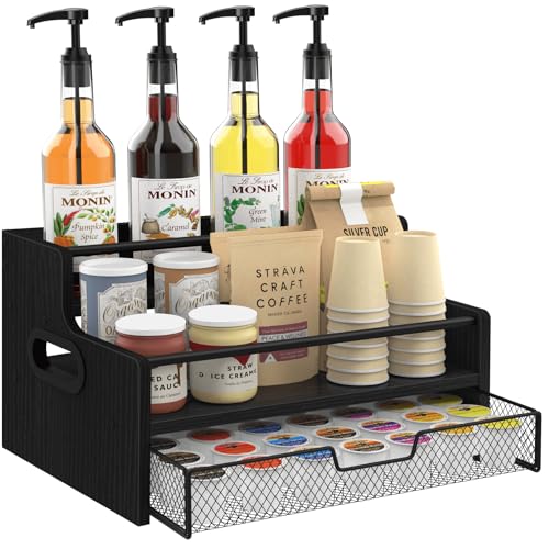 3-Tier Coffee Bar Organizer, 8 Bottle Syrup Stand with 35 Coffee Pod Storage Drawer, Rustic Wood & Metal Countertop Liquor Bottle Holder for Kitchen, Black - color: Black