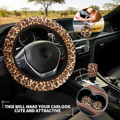 10 Pieces Leopard Print Printing Car Steering Wheel Cover Center Console Armrest Pad Headrest Seat Belt Cover Handbrake Cover Keychain Coaster Full Set Car SUV(Brown) - color: Brown