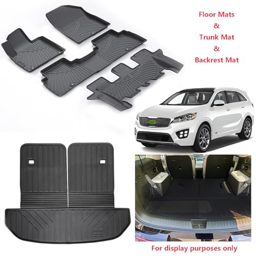 All-Weather TPE Floor Mats for 2016-2020 Kia Sorento, 3 Row Custom Fit Floor Liners，Cargo Liner with Seat Back Protection, Heavy Duty Non-Slip, Trunk Mat Set - size: 16-20丨sorento full mat