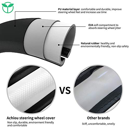 Achiou Black Car Steering Wheel Cover Universal 15 inch with Grip Contours, Leather Auto for Men and Women Non-Slip Breathable Soft and Comfortable