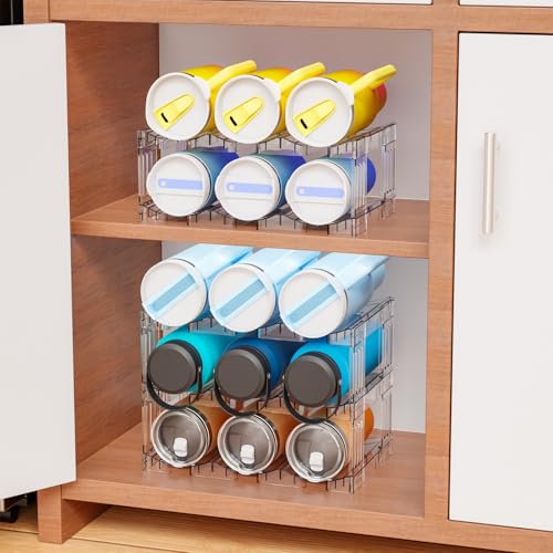 Large Stanley Cup Holder With Handle Groove,Stackable Tumbler and Water Bottle Organizer for Kitchen Cabinets,2 Tier Waterbottle and Cup Storage Organizer for 40 OZ Yeti,Owala,Yeti Storage