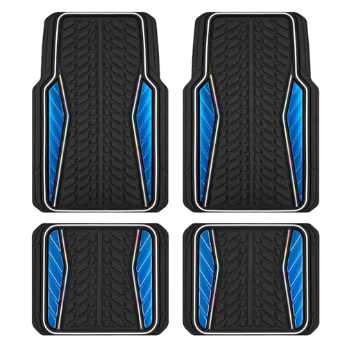 PIC AUTO Car Floor Mats, Blue Aluminum-Molded with Full-Circle Iridescent Inlay Strip Car Mats, Universal-Fit Rubber Mats for Cars, Trucks & SUVs, All-Weather, Non-Slip, Easy-to-Clean Interior Mats